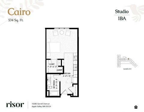 Floor plan for studio, 1 bath, 534 sqft